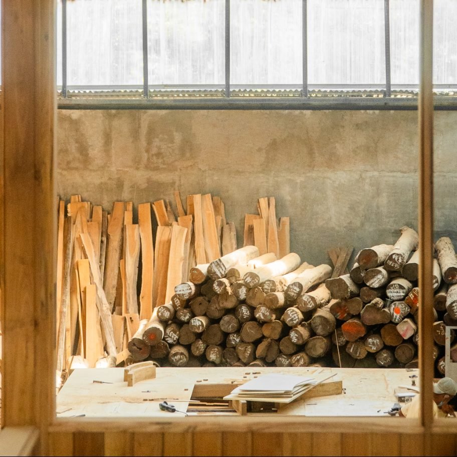 Timber stacked and stored at the Arania Bali HQ, 2026